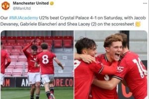 5战全胜！曼联U21队4-1水晶宫U21队，领跑联赛积分榜